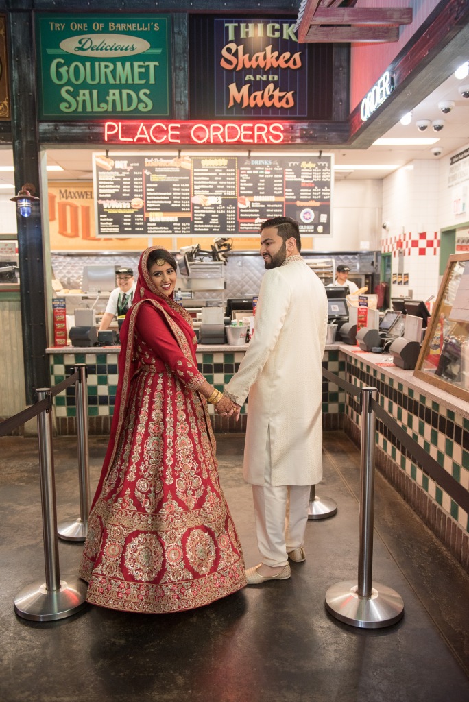 multicultural indian pakistani wedding engagement pre-wedding shoot at Portillos. Chicago wedding photographer
